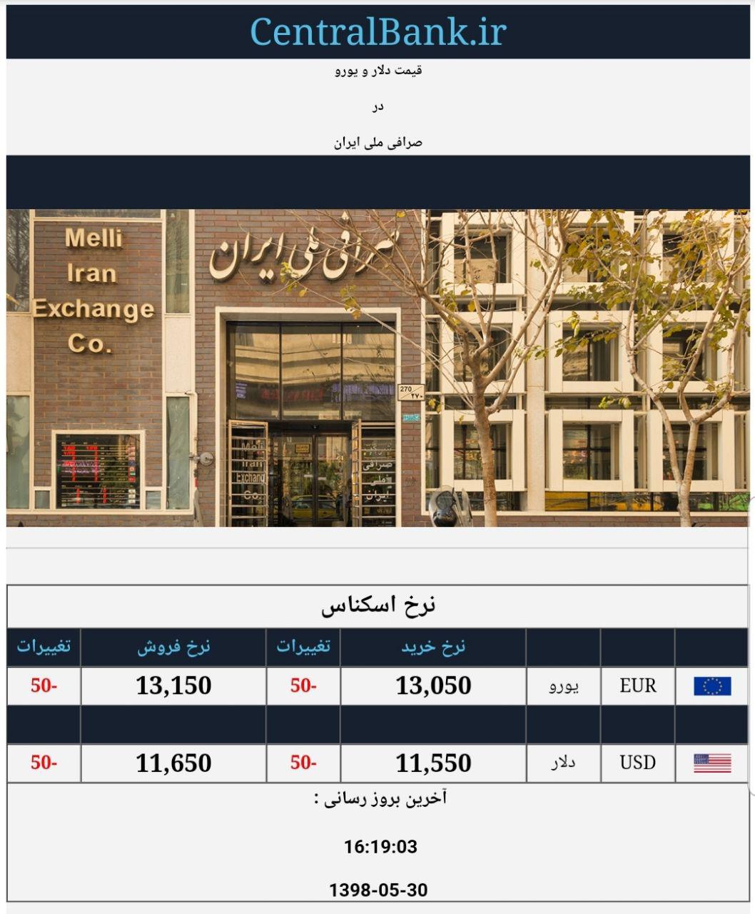 قیمت دلار و یورو در صرافی ملی امروز 30 مرداد 98