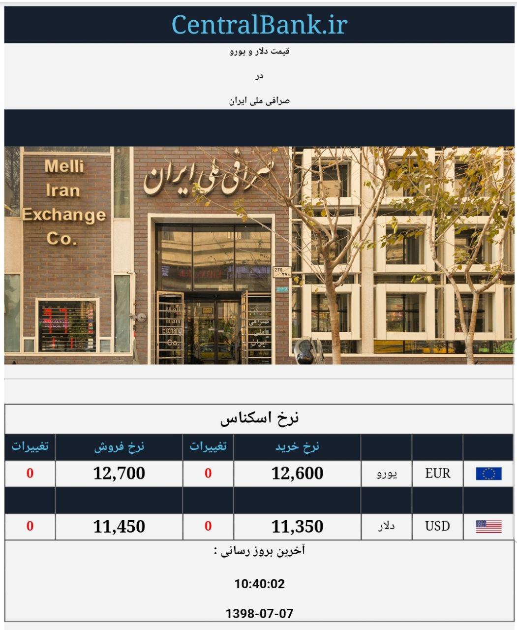 قیمت دلار و یورو در صرافی ملی امروز هفت مهر 98