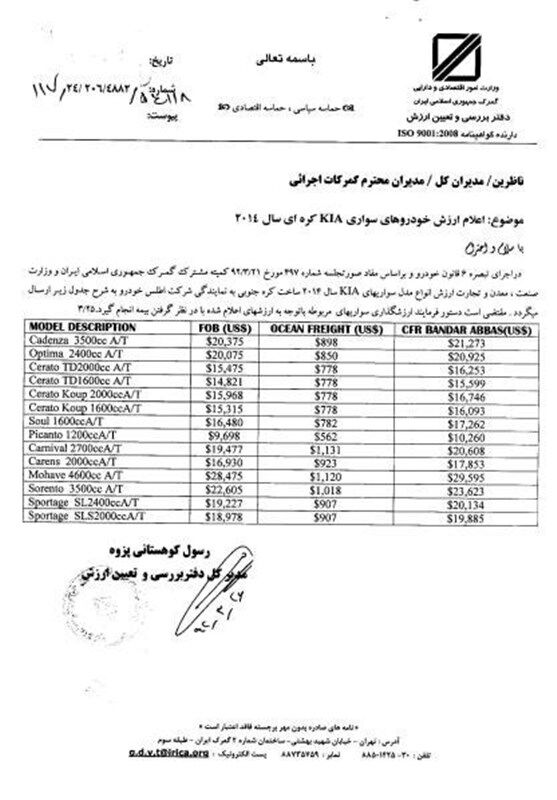 اعلام ارزش گمرکی ۳۴ خودروی خارجی