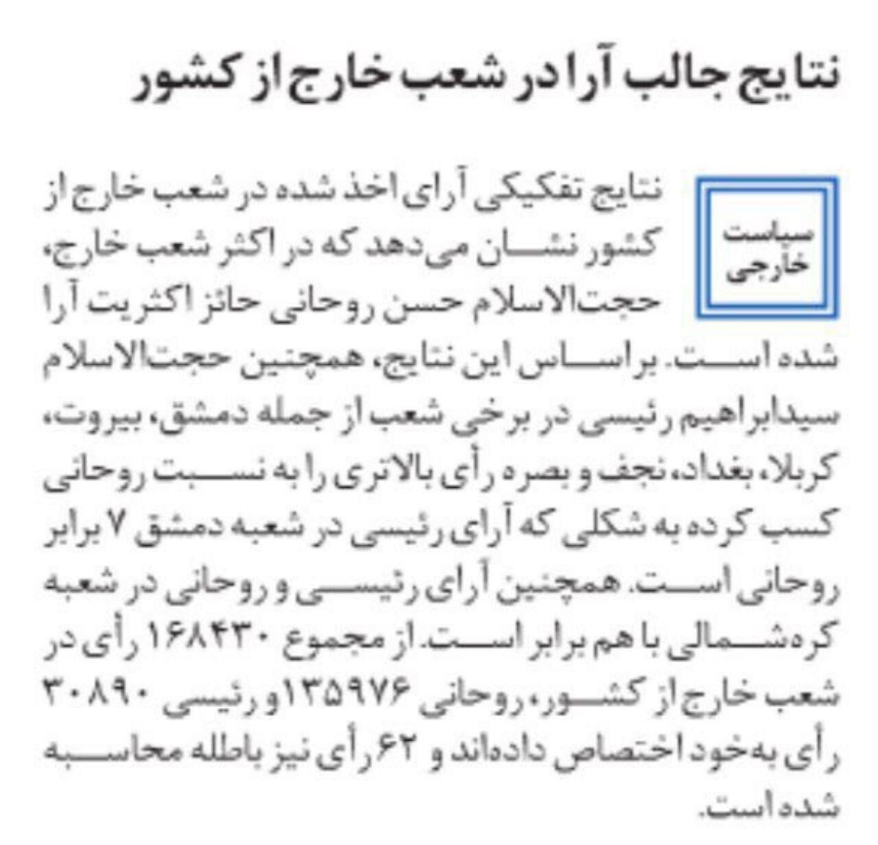 نتایج آرای روحانی و رئیسی در خارج از کشور
